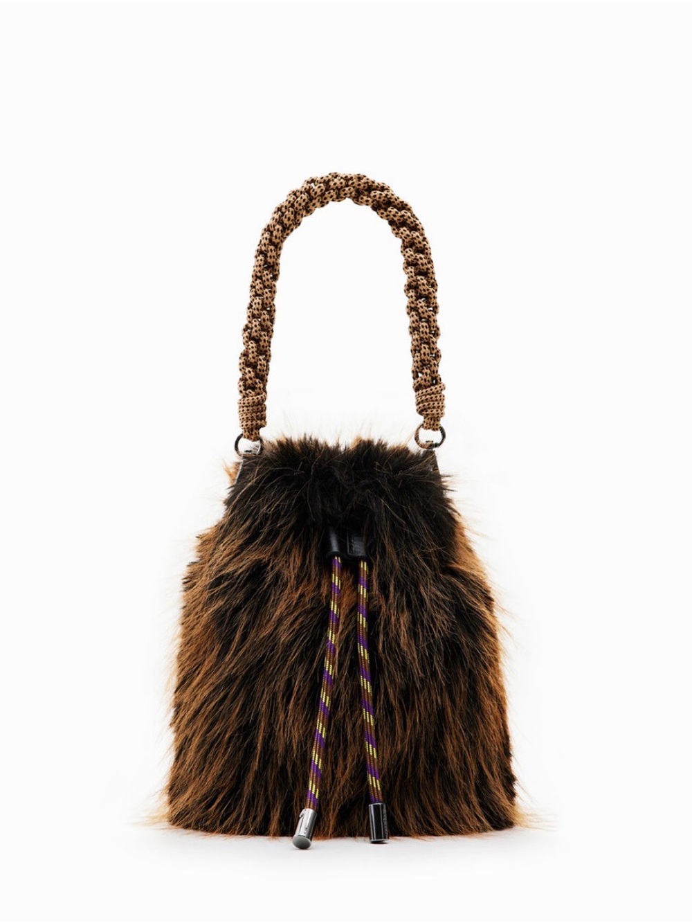 $295 Desigual Brown Tan Faux Fur Fluff Drawstring Small Bucket Hand Bag Designer